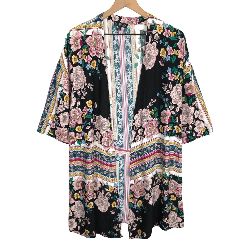 PJ SALVAGE Open Front Kimono Robe Sz S Black Pink Peony Short 3/4 Sleeve Silky